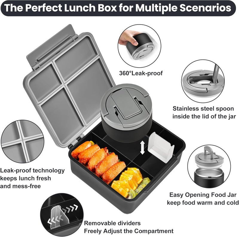 Howeemo Bento Lunch Box for Kids with 8oz Soup Thermo,Kids Leakproof Lunch Food Containers with 4 Compartment,Kid Insulated Thermo Hot Food Jar for School,Trvael-Black - Image 4
